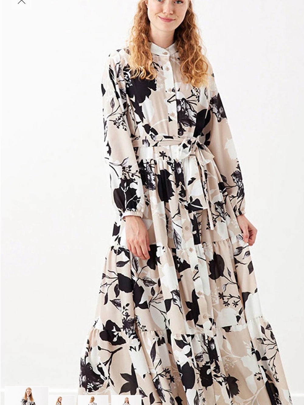 Women's Beige Floral Maxi Shirt Dress W/Tie Waist / modest dress / muslim dress